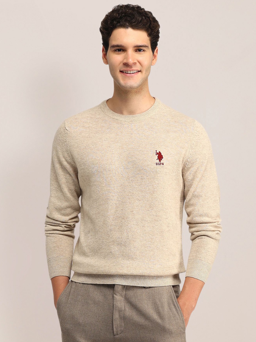 

U.S. Polo Assn. Men Self Design Woollen Pullover, Beige