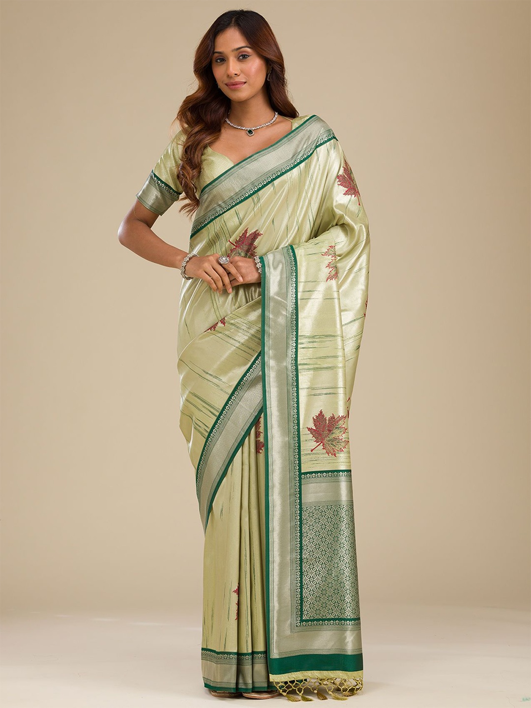 

Koskii Floral Printed Embellished Saree With Blouse Piece, Beige