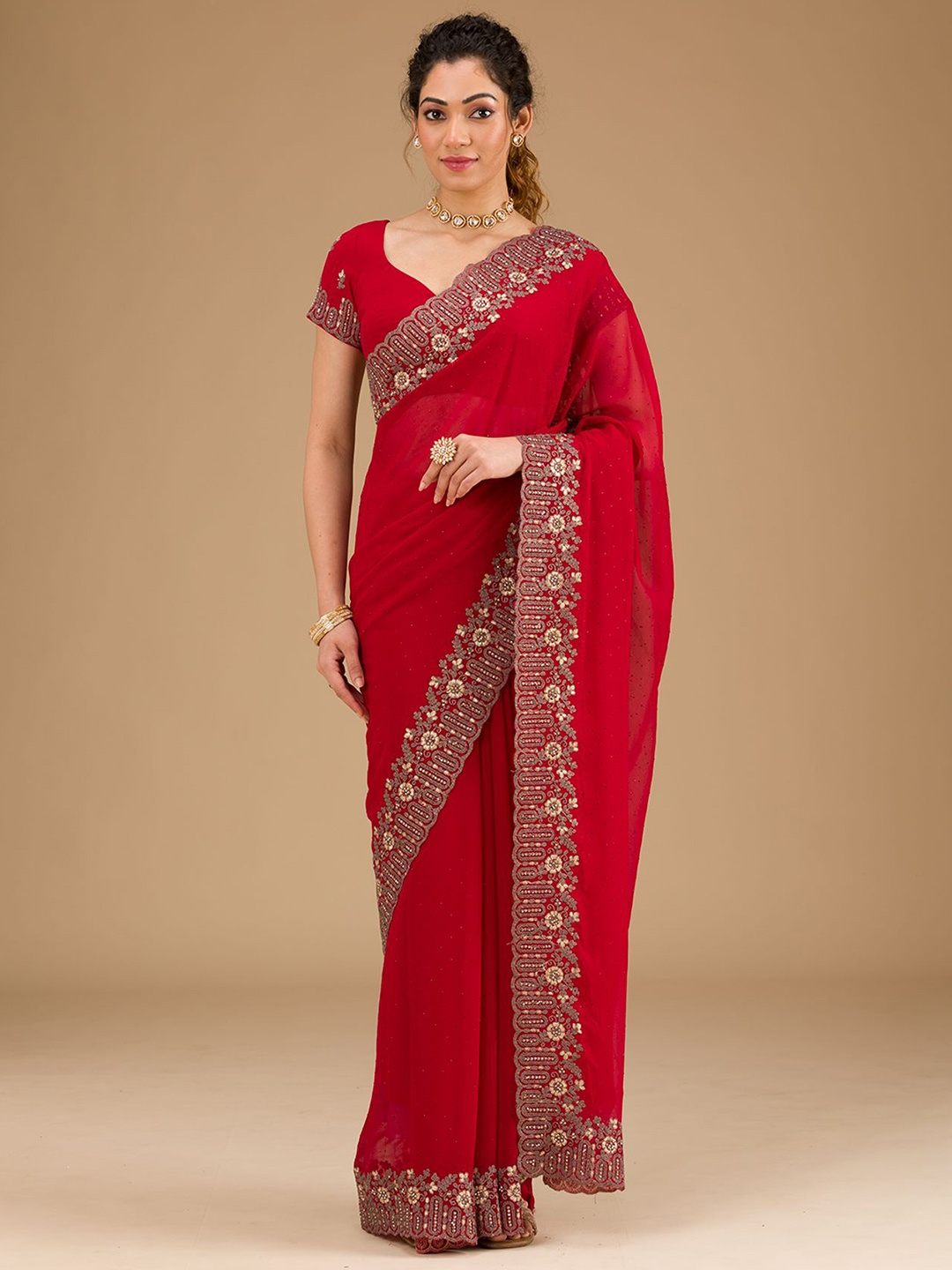 

Koskii Floral Embroidered Pure Georgette Saree, Red