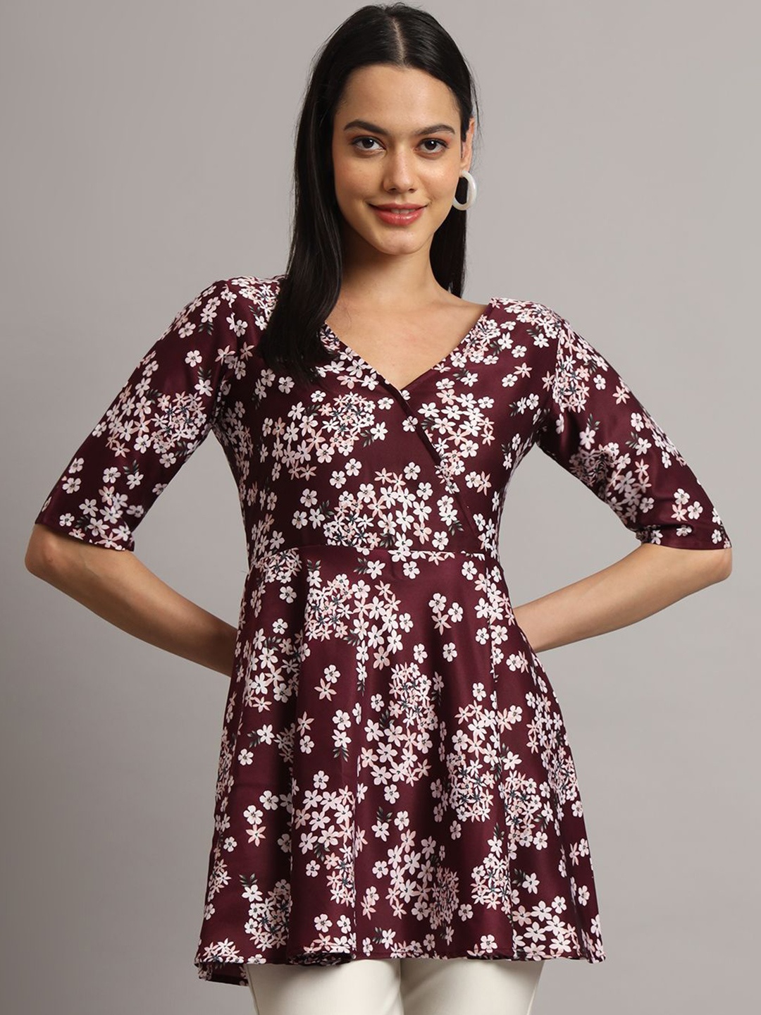 

DHAKRE FASHION Women Floral Printed Satin Top, Purple
