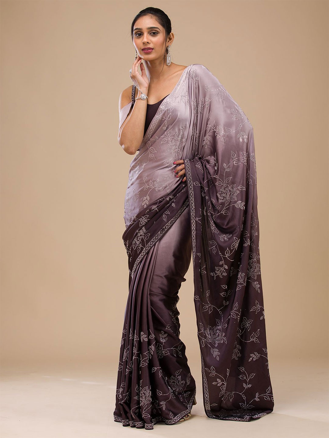 

Koskii Floral Beads and Stones Satin Saree, Grey