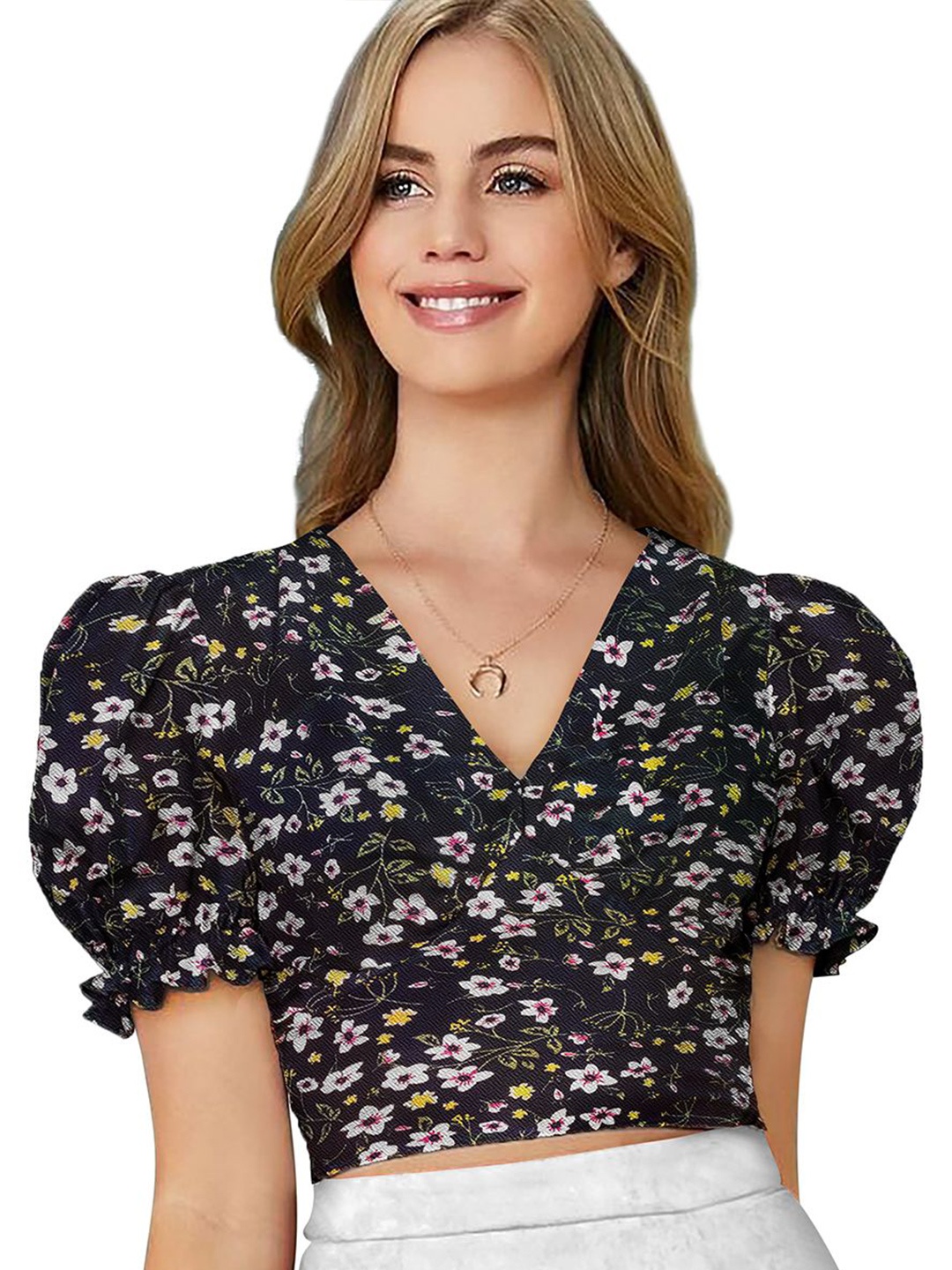 

Sanwariya Silk Women Floral Printed Puff Sleeve Top, Black