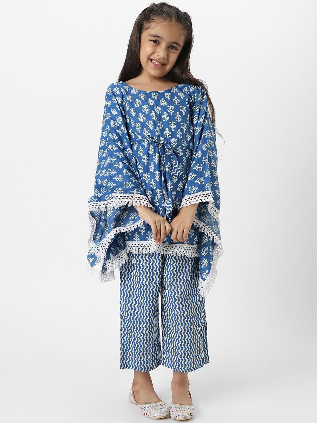 

Nautinati Girl's Block Printed Blue Kaftaan Ethnic Set