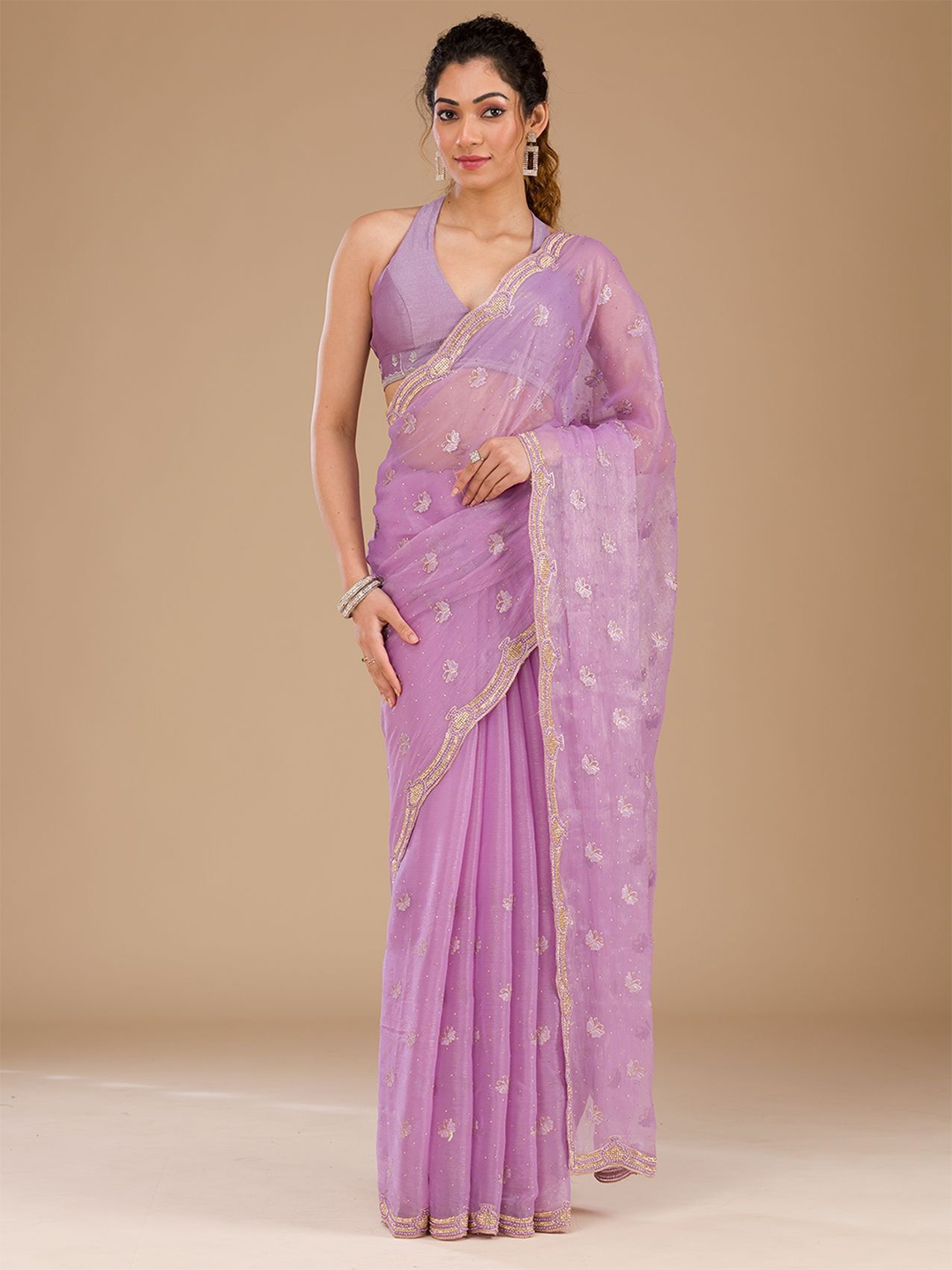 

Koskii Ethnic Motifs Embellished Beads And Stones Tissue Saree With Blouse Piece, Purple