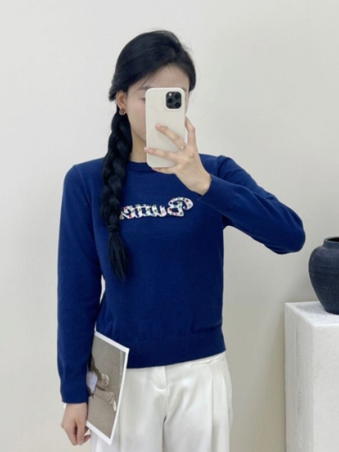 

KPOP Women Printed Round Neck Long Sleeves Top, Navy blue