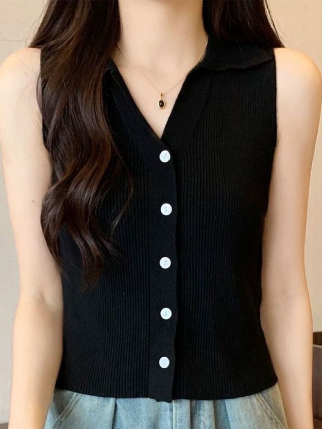 

KPOP Women Shirt Collar Pure Cotton Top, Black