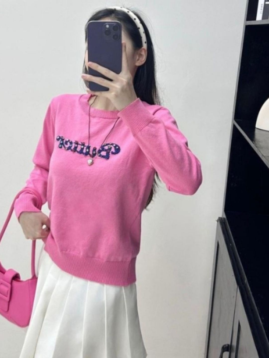 

KPOP Women Printed Round Neck Extended Sleeves Top, Pink