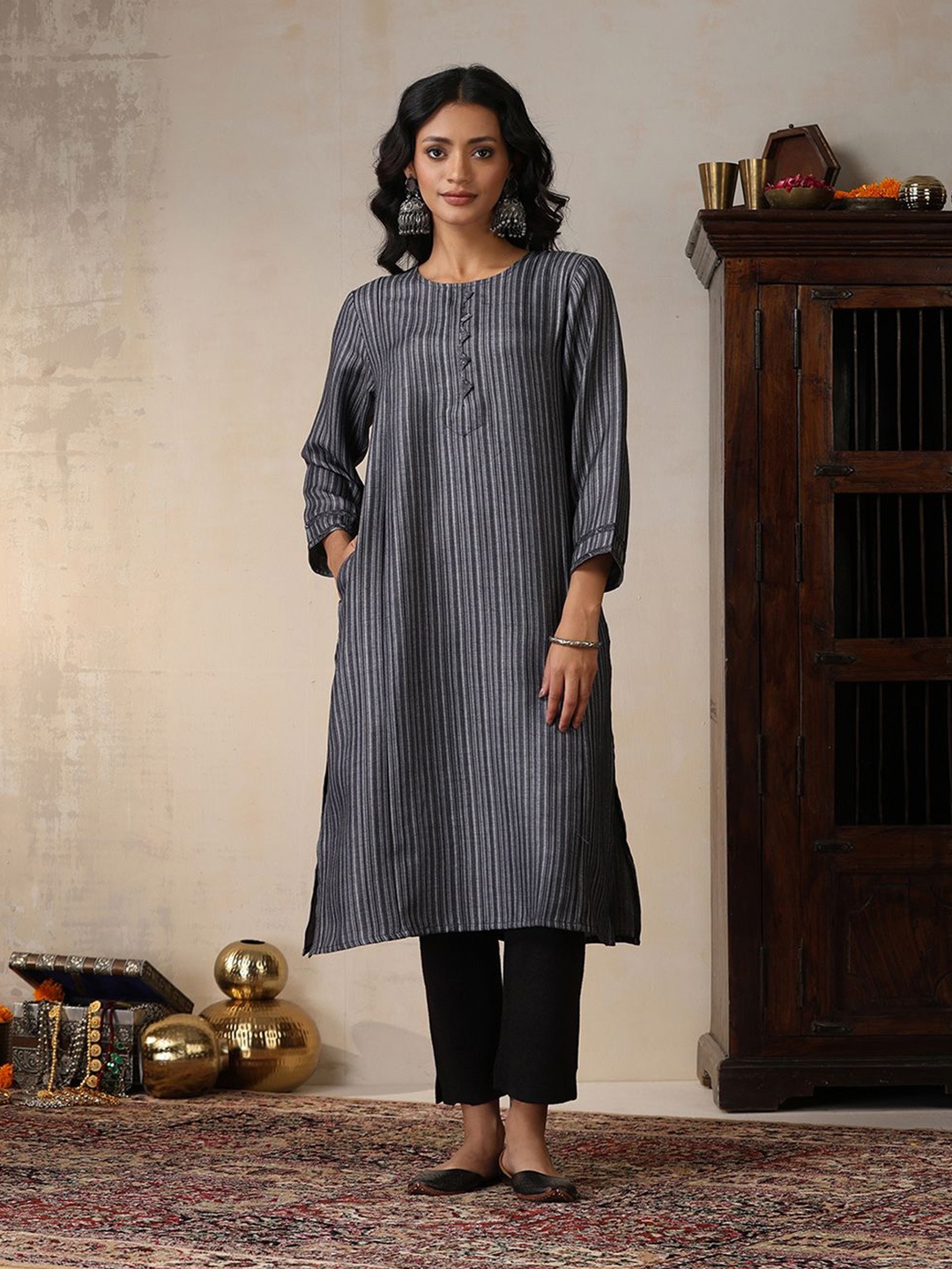 

House of Chikankari HOC Crafts Handblock Print Pashmina Kurti, Grey