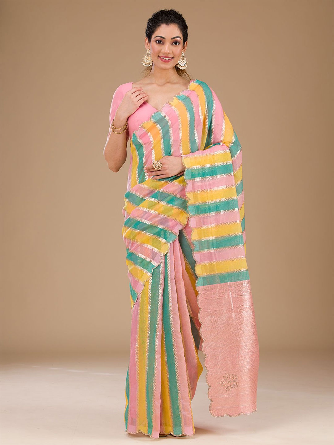 

Koskii Woven Design Embellished Zari Saree, Pink