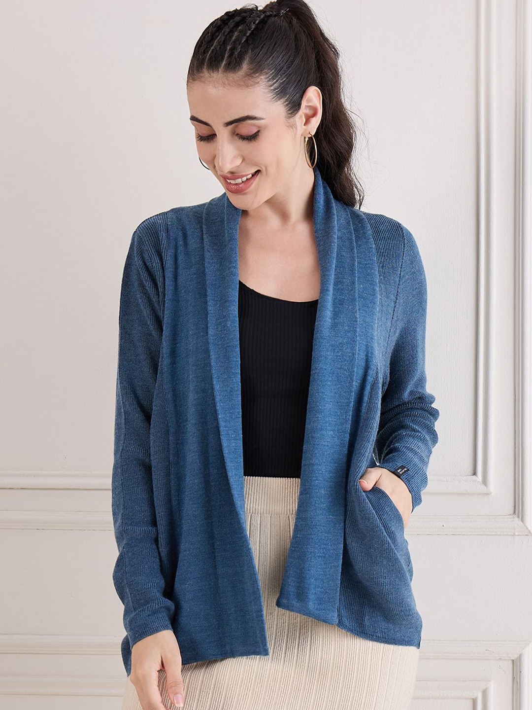

CREATIVE LINE Shawl Neck Woollen Open Front Shrug, Blue