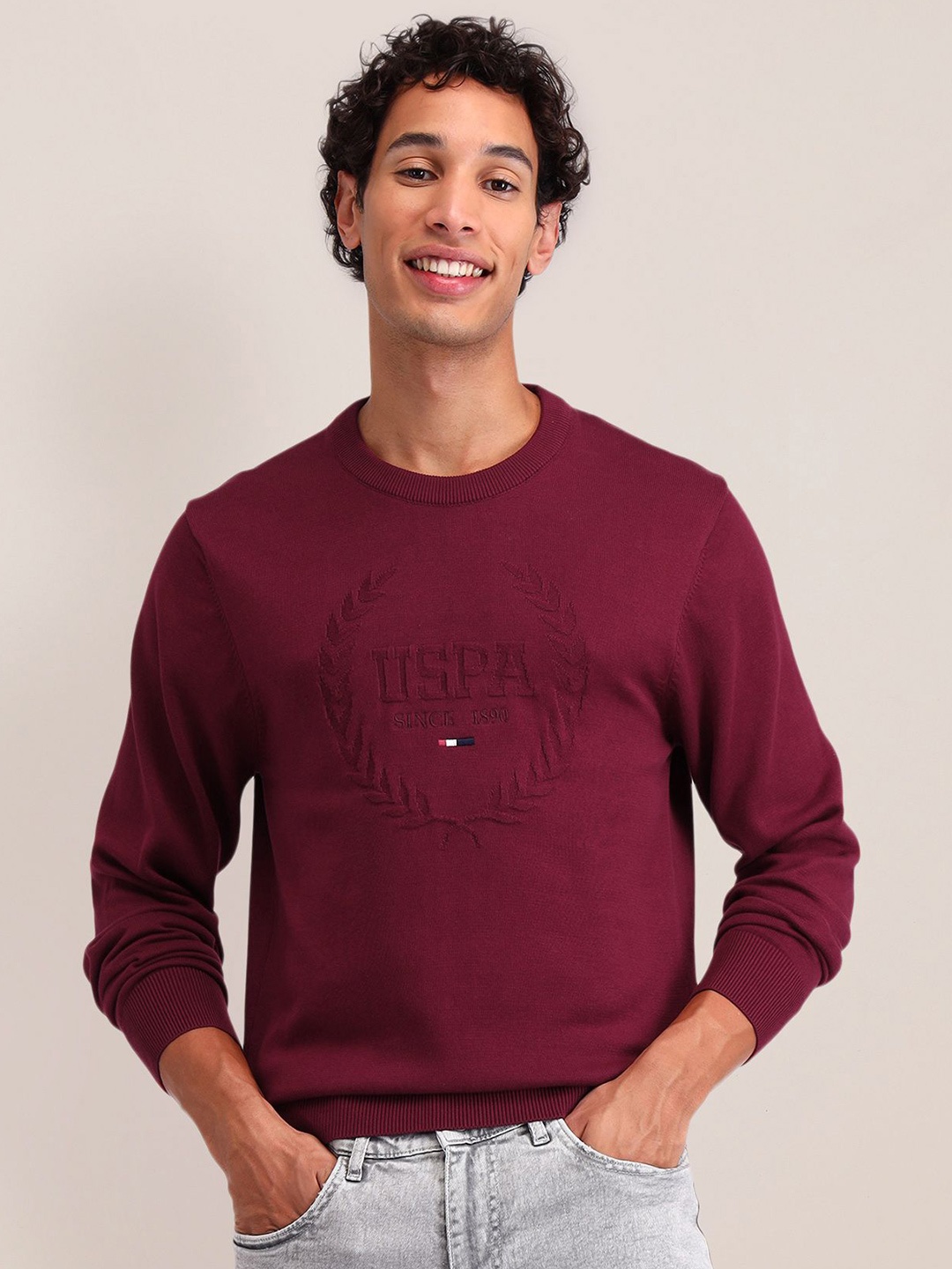 

U.S. Polo Assn. Men Printed Long Sleeves Round Neck Cotton Pullover, Red