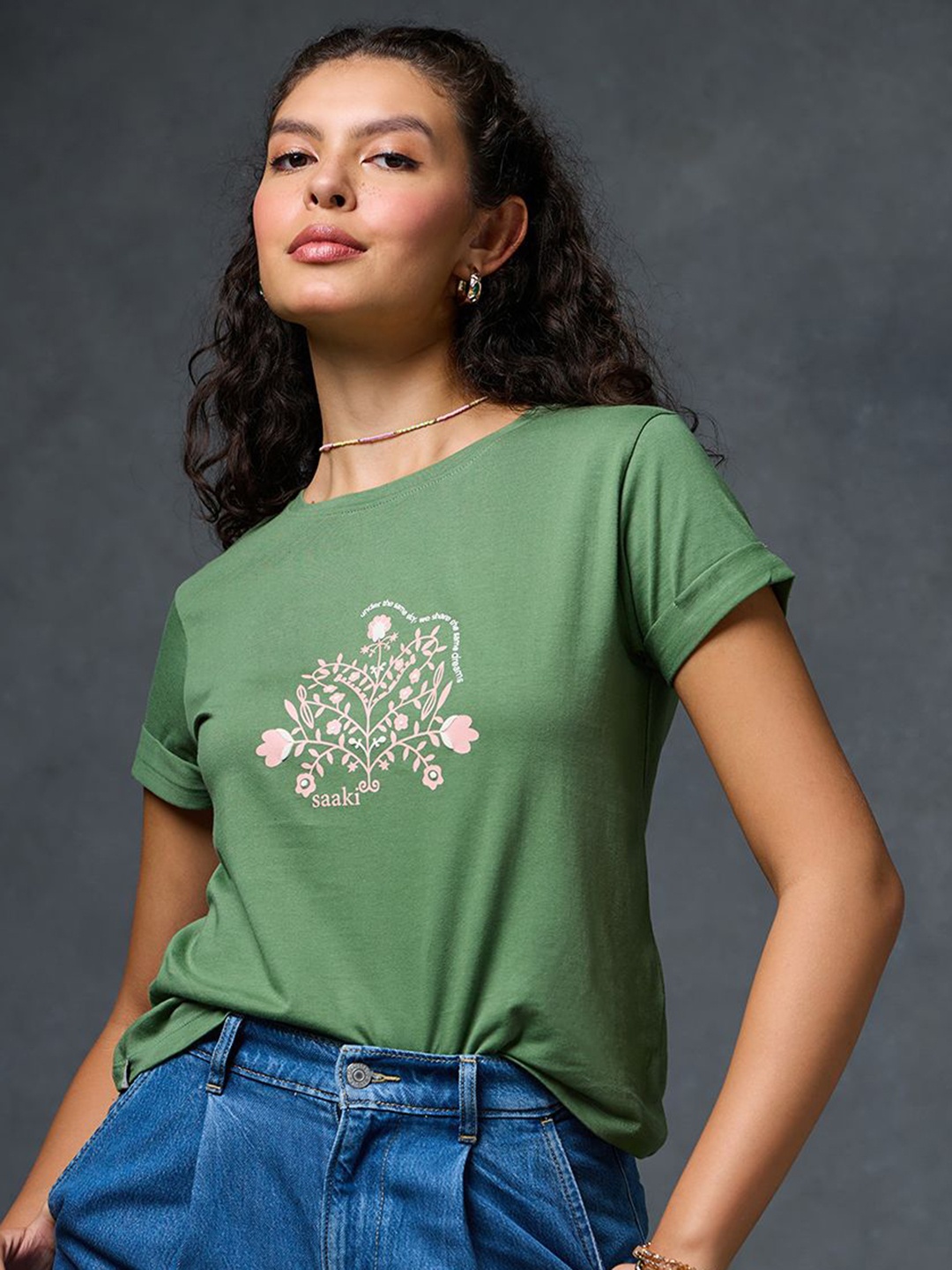 

Saaki Women Floral Printed Extended Sleeves T-shirt, Green