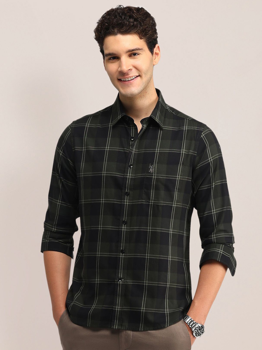 

U.S. Polo Assn. Men Slim Fit Opaque Checked Casual Shirt, Green