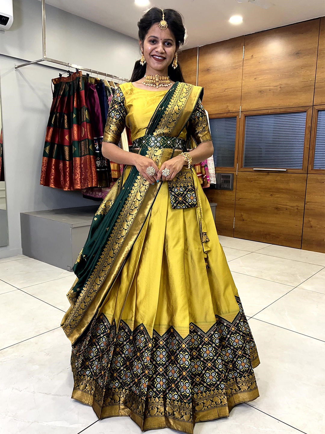 

Fabcartz Woven Design Silk Semi-Stitched Lehenga & Unstitched Blouse With Dupatta, Yellow