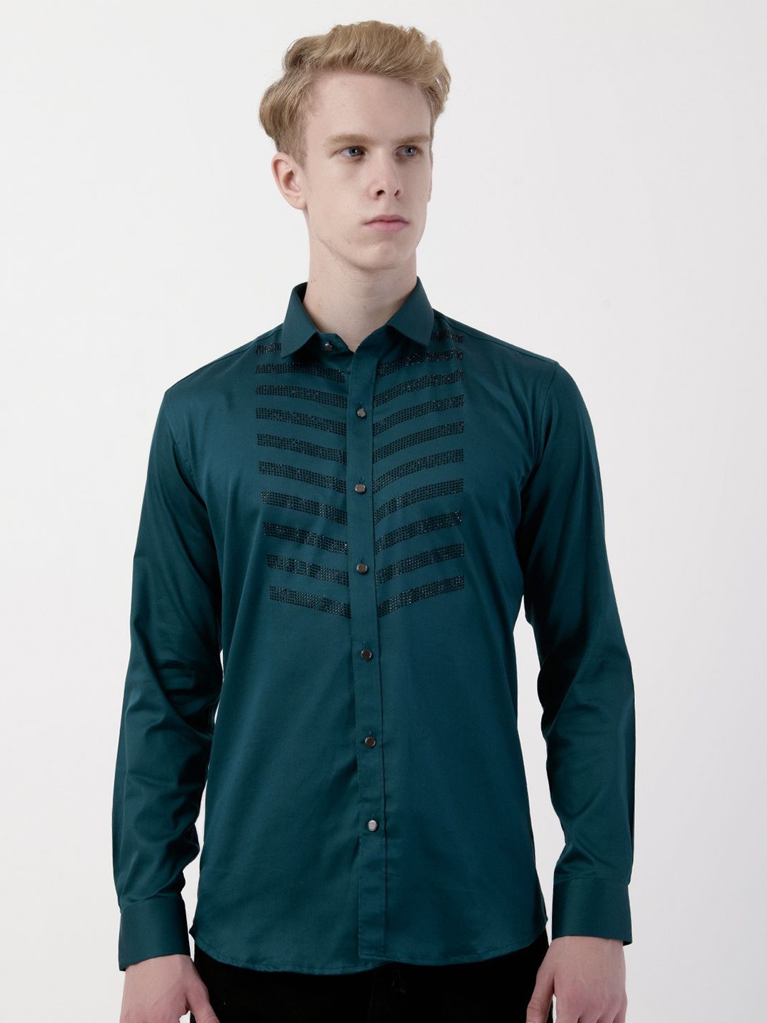 

Albion By CnM Men Spread Collar Horizontal Striped Cotton Casual Shirt, Green