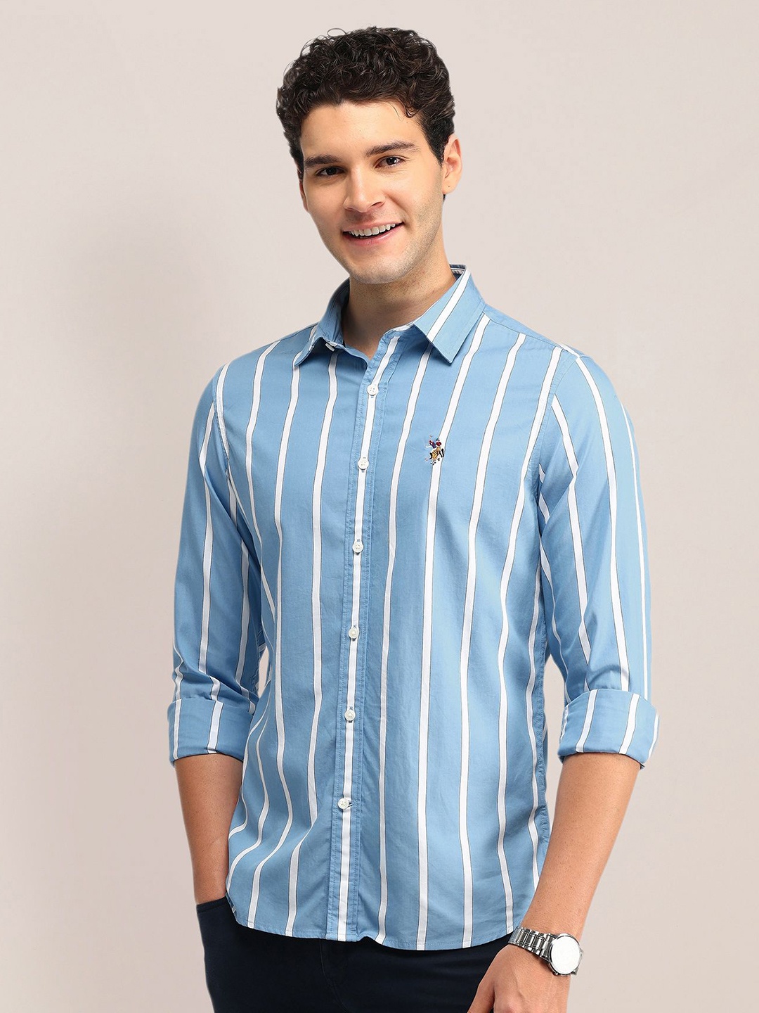 

U.S. Polo Assn. Men Slim Fit Opaque Striped Casual Shirt, Blue