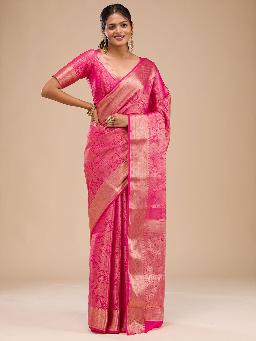 

Koskii Ethnic Motifs Woven Design Zari Saree, Pink