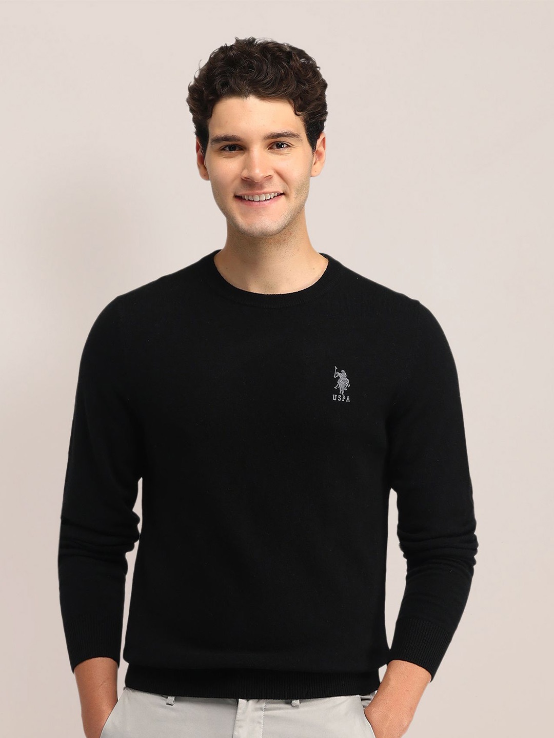 

U.S. Polo Assn. varsity Men Long Sleeves Round Neck Woollen Pullover, Black