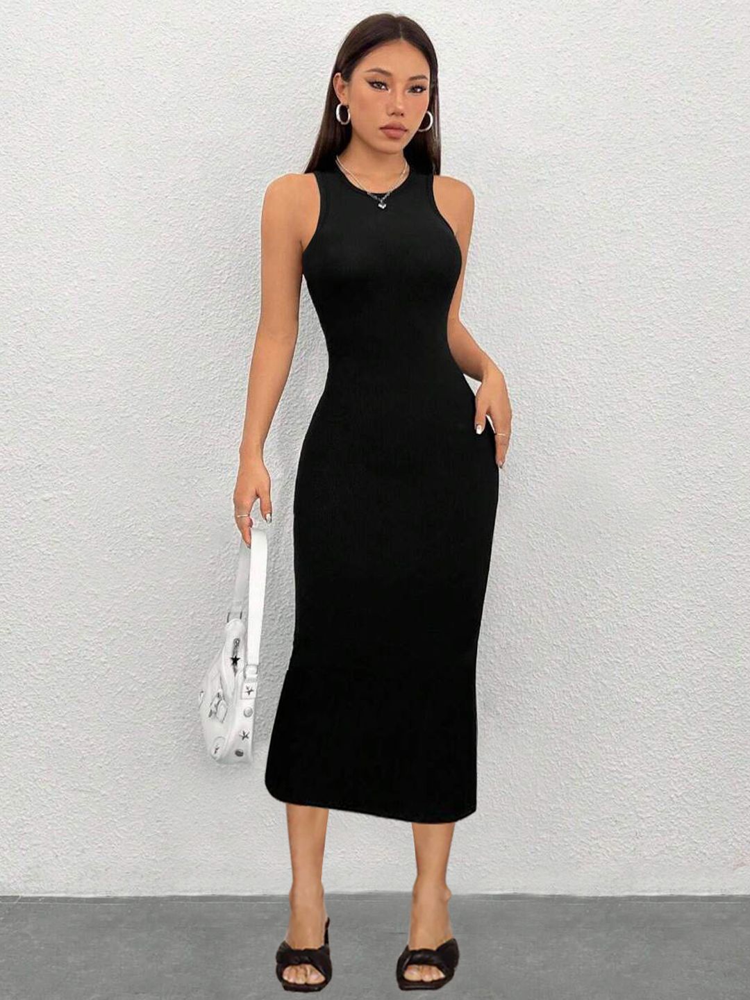

BAESD Women Round Neck Bodycon Midi Dress, Black