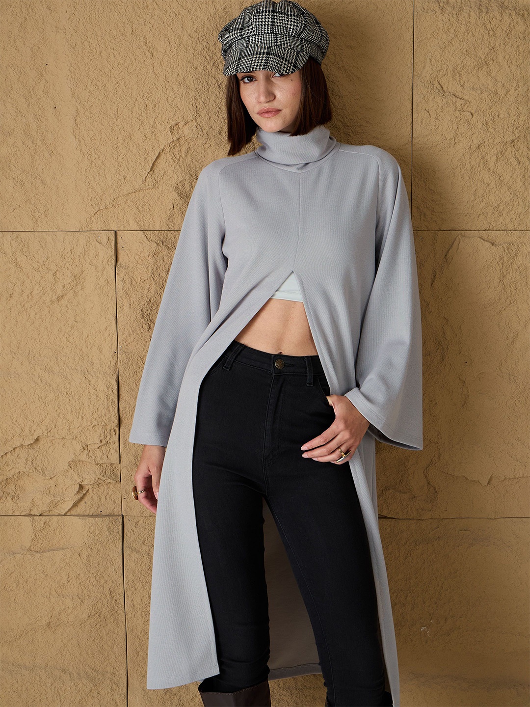 

SASSAFRAS Women Cotton Longline Long Sleeves Pullover, Grey