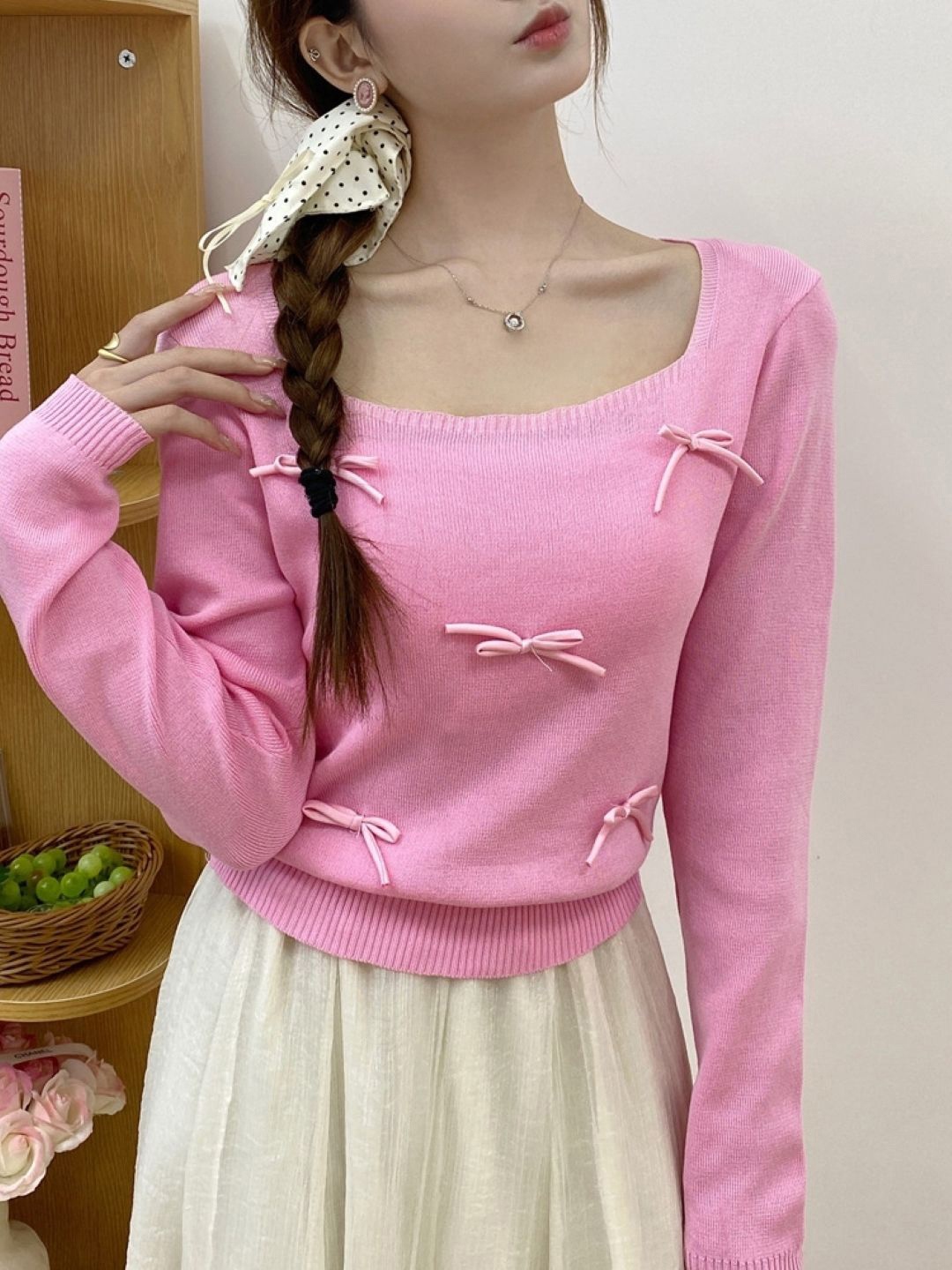 

KPOP Women Square Neck Extended Sleeves Top, Pink