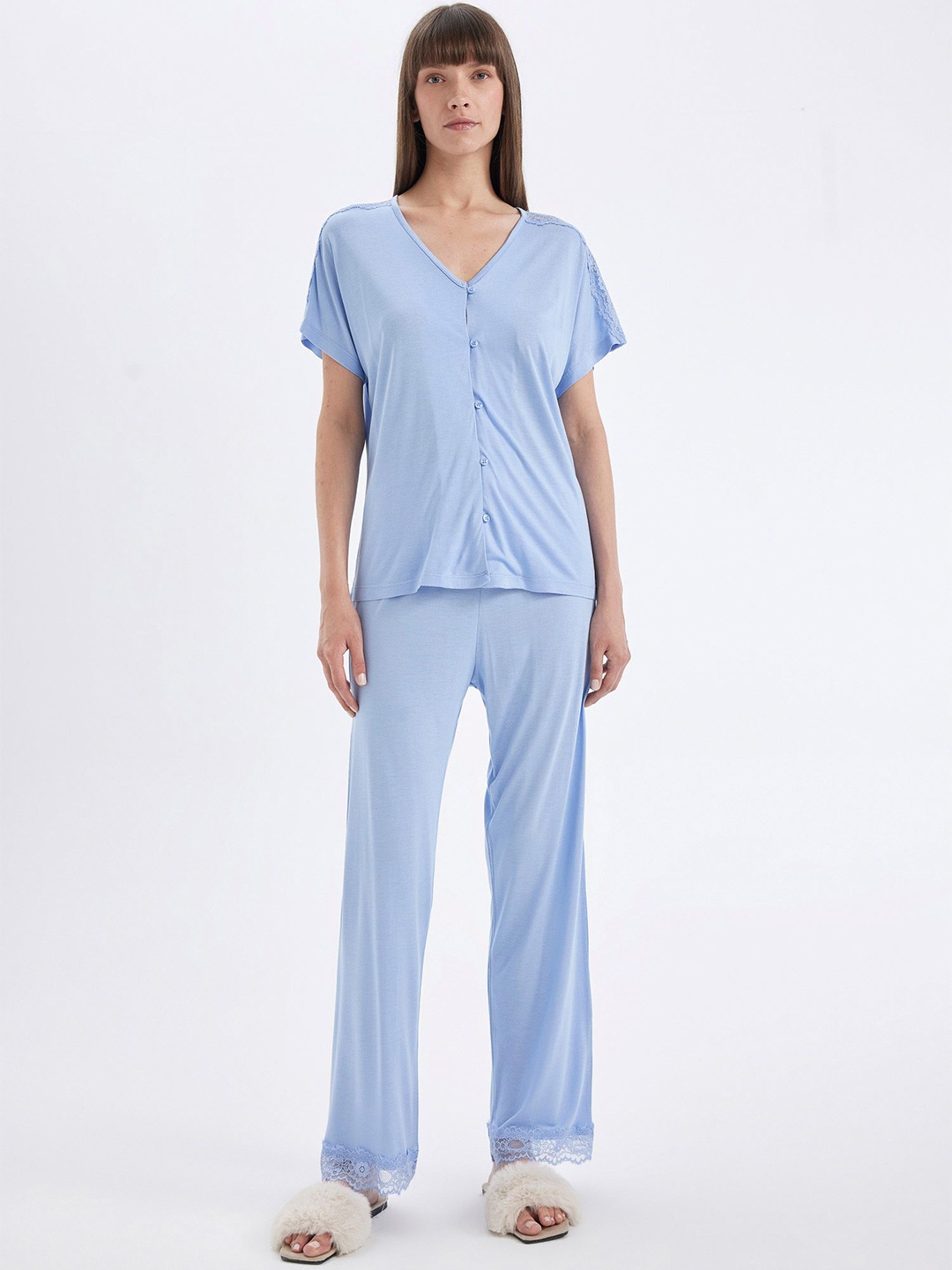 

DeFacto Women V-Neck Slip-On Night Suit, Blue
