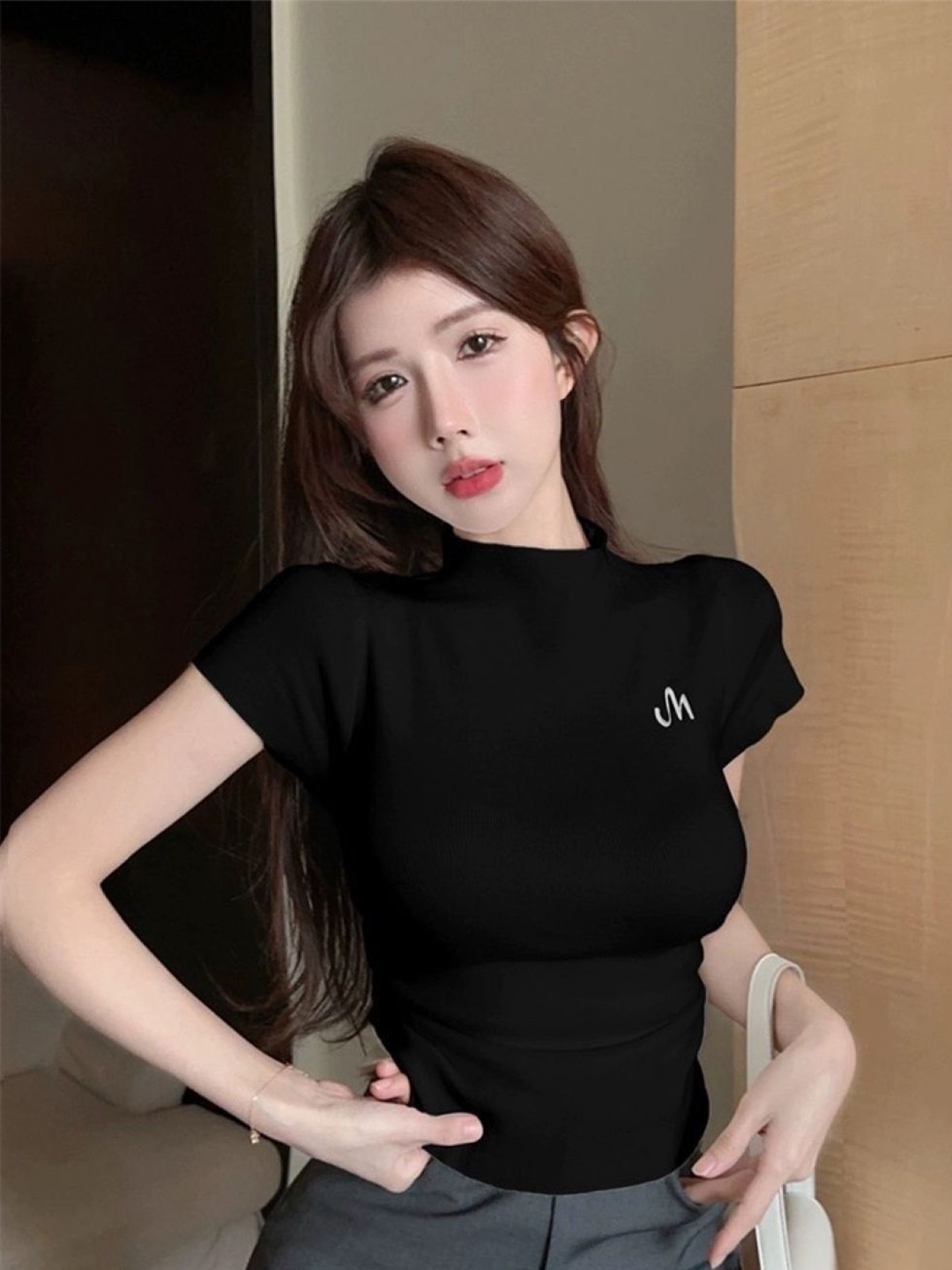 

KPOP Women Printed Round Neck Top, Black