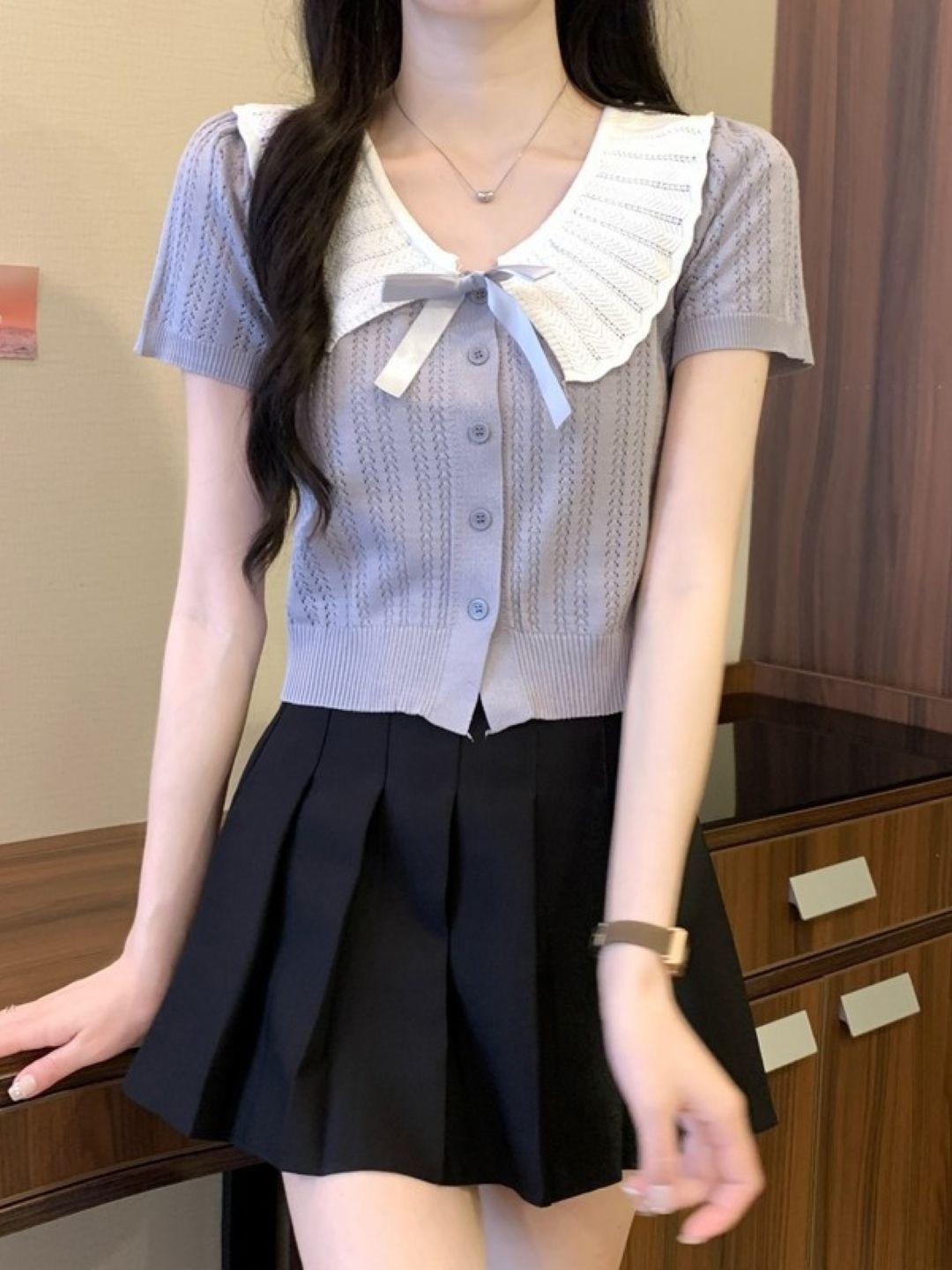 

KPOP Short Sleeves Tie-Ups Regular Top, Purple