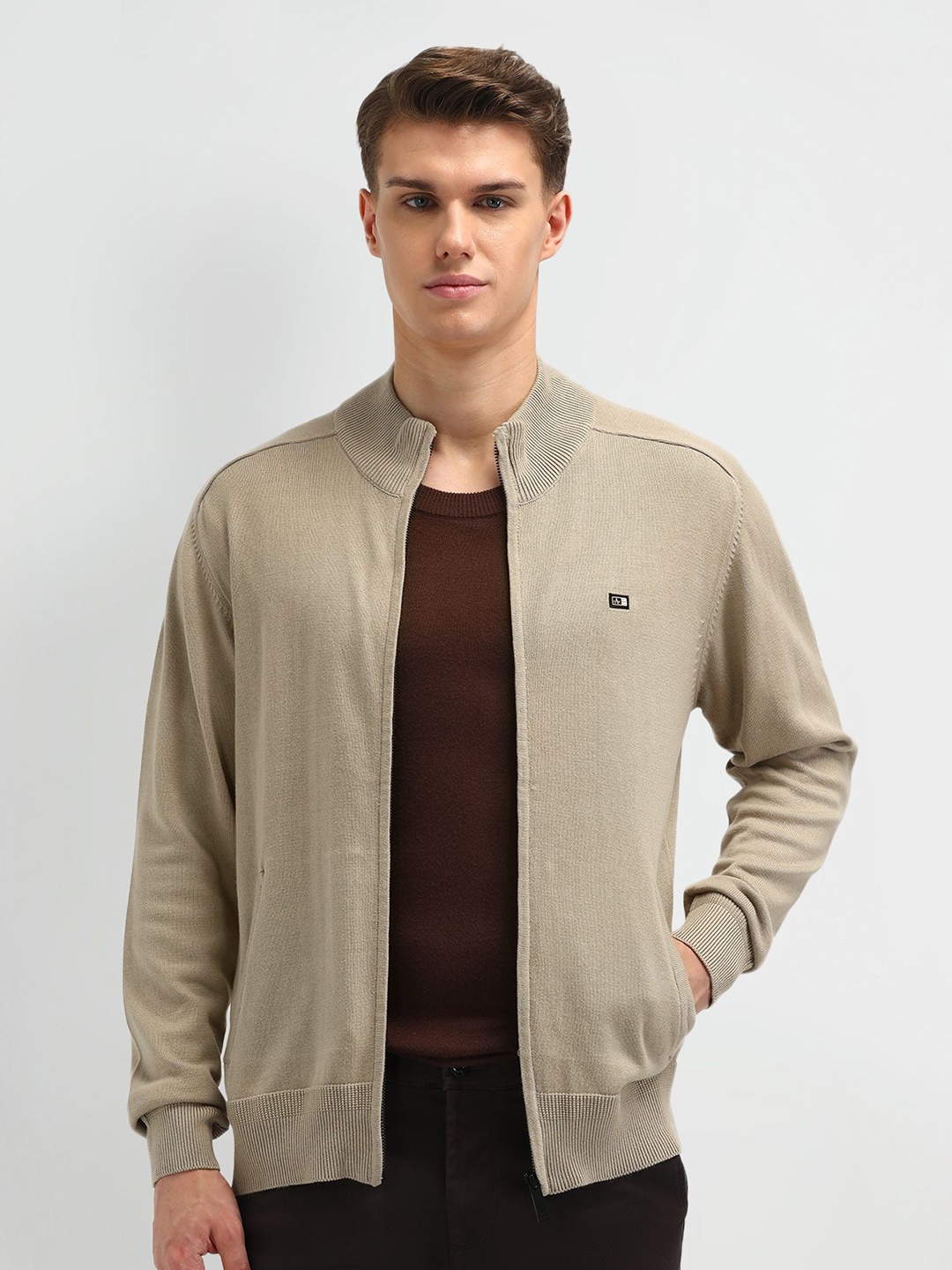 

Arrow Sport Men Mock Collar Front-Open Sweaters, Beige