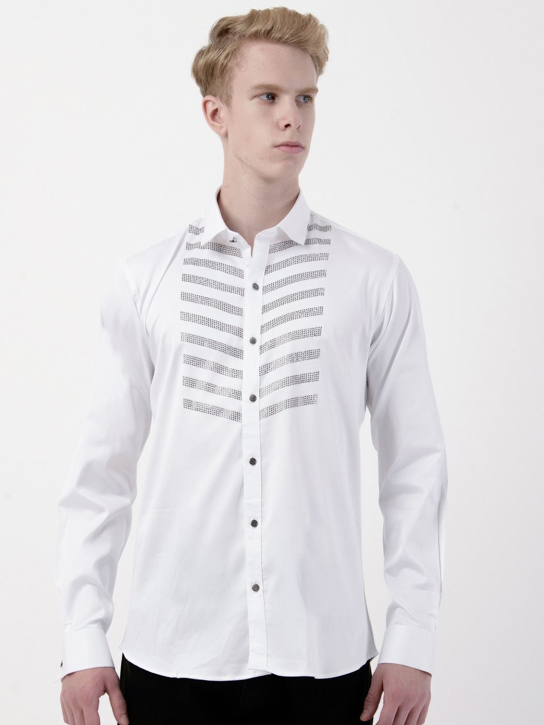 

Albion By CnM Men Spread Collar Horizontal Striped Cotton Casual Shirt, White