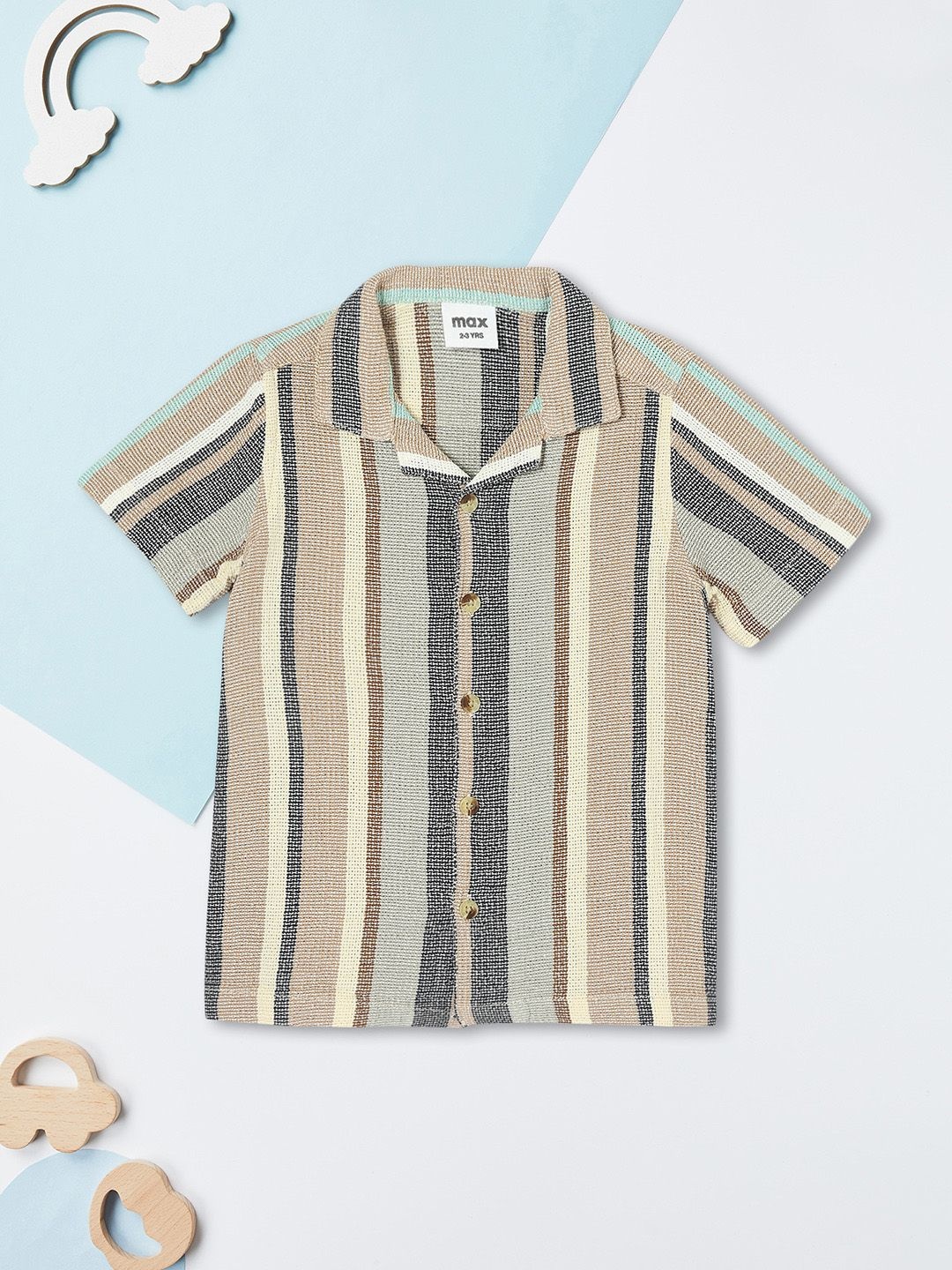 

max Boys Cuban Collar Vertical Striped Cotton Casual Shirt, Beige