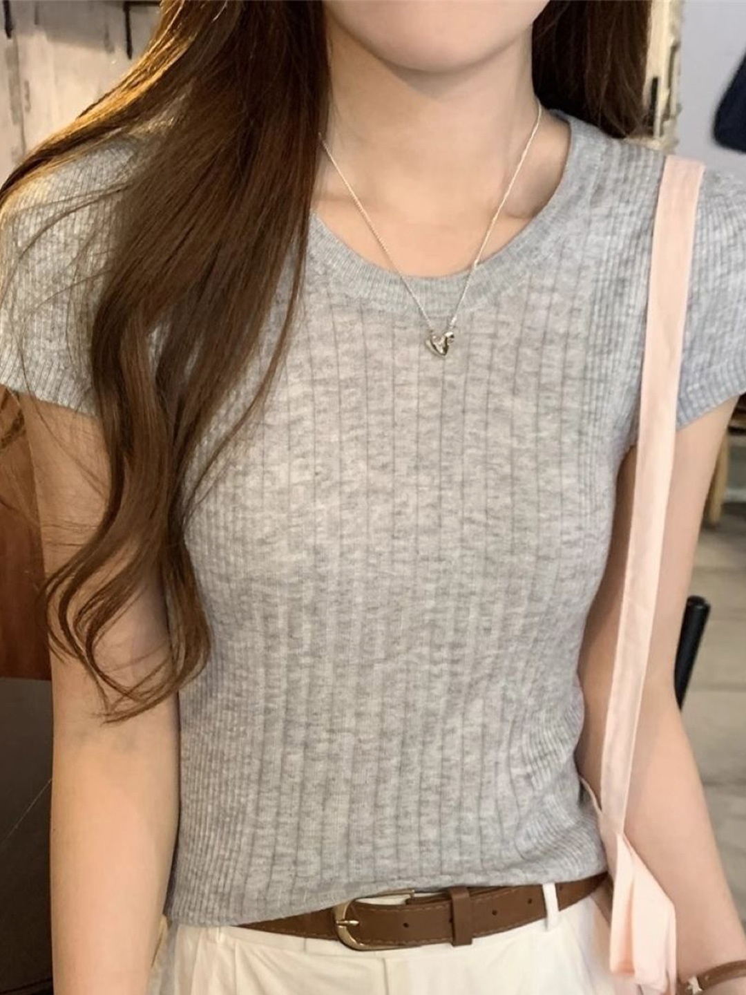 

KPOP Round Neck Short Sleeves Top, Grey