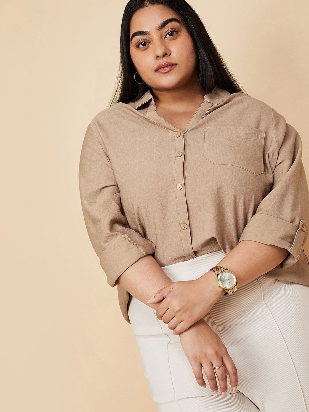

max Women Plus Size Spread Collar Solid Casual Shirt, Brown