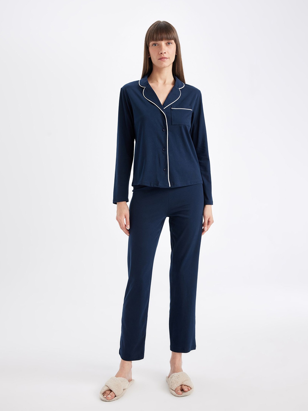 

DeFacto Pure Cotton Shirt With Trouser Nightsuit, Navy blue