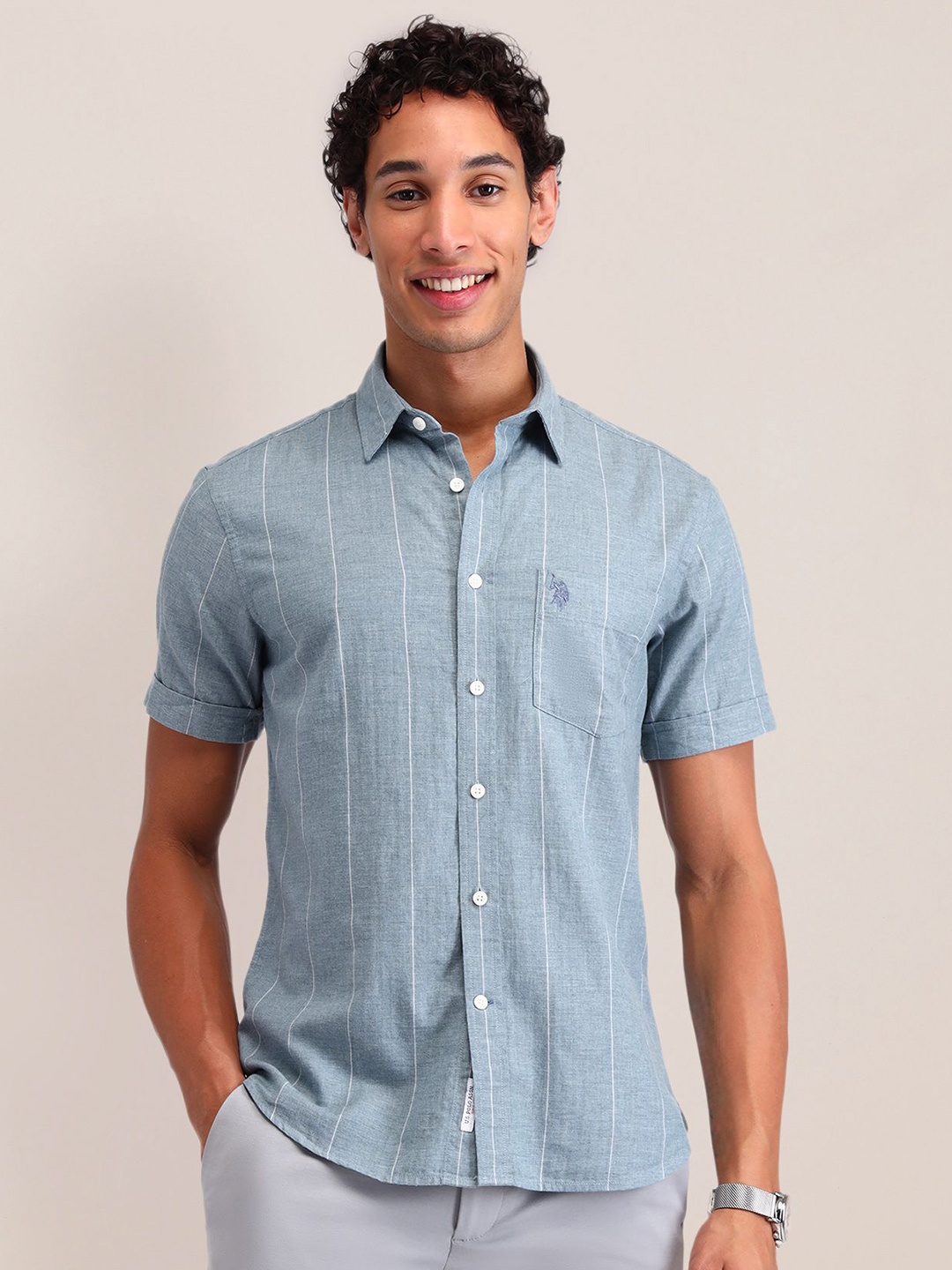 

U.S. Polo Assn. Men Slim Fit Opaque Striped Casual Shirt, Blue