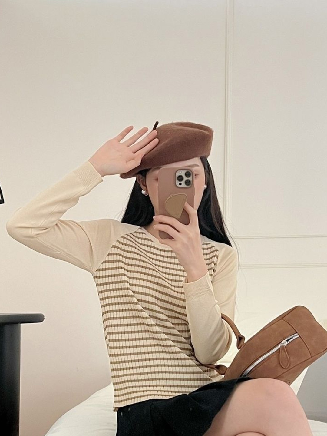 

KPOP Women Striped Round Neck Top, Cream
