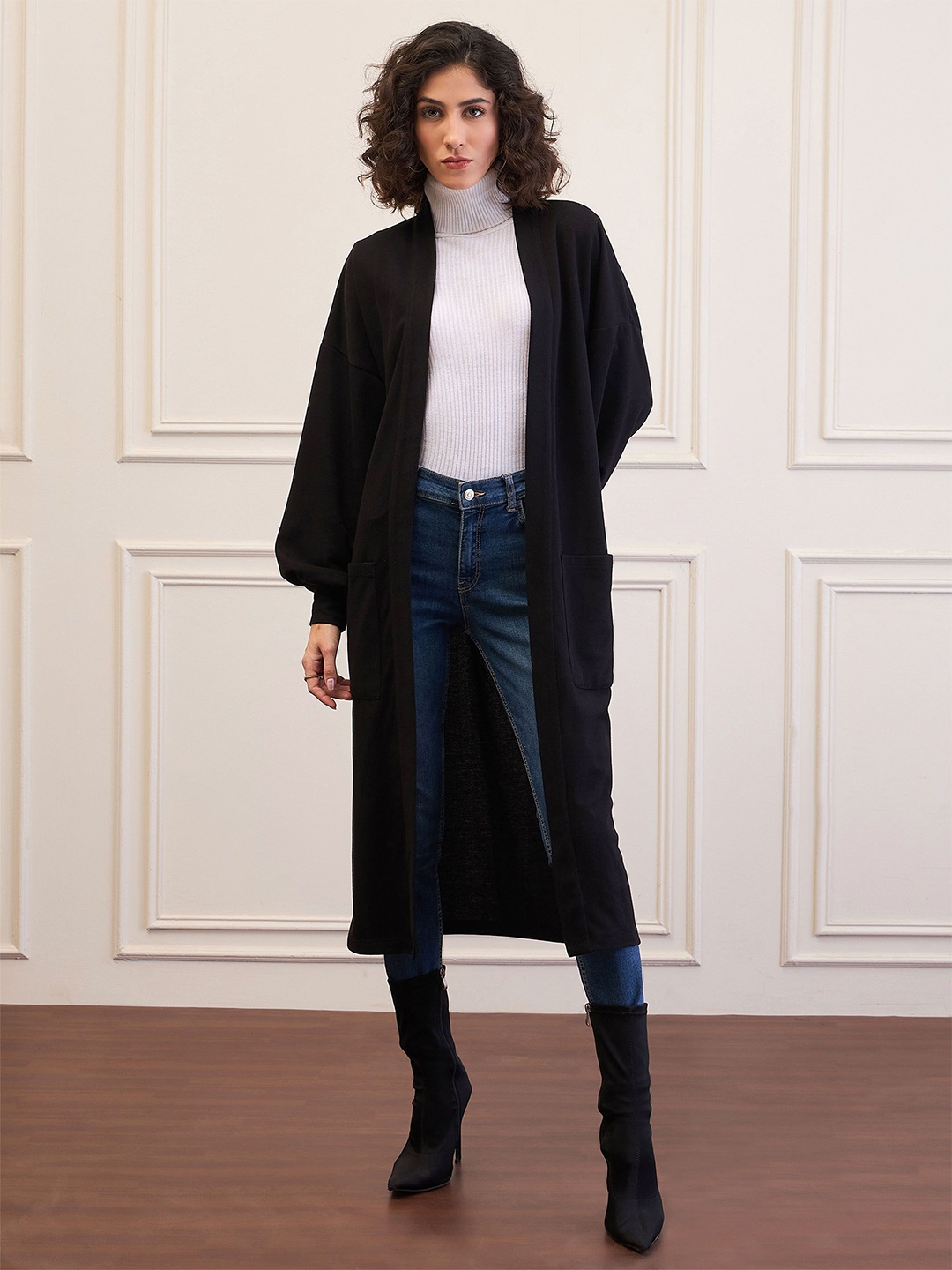 

SASSAFRAS Self Design Open Front Longline Shrug, Black