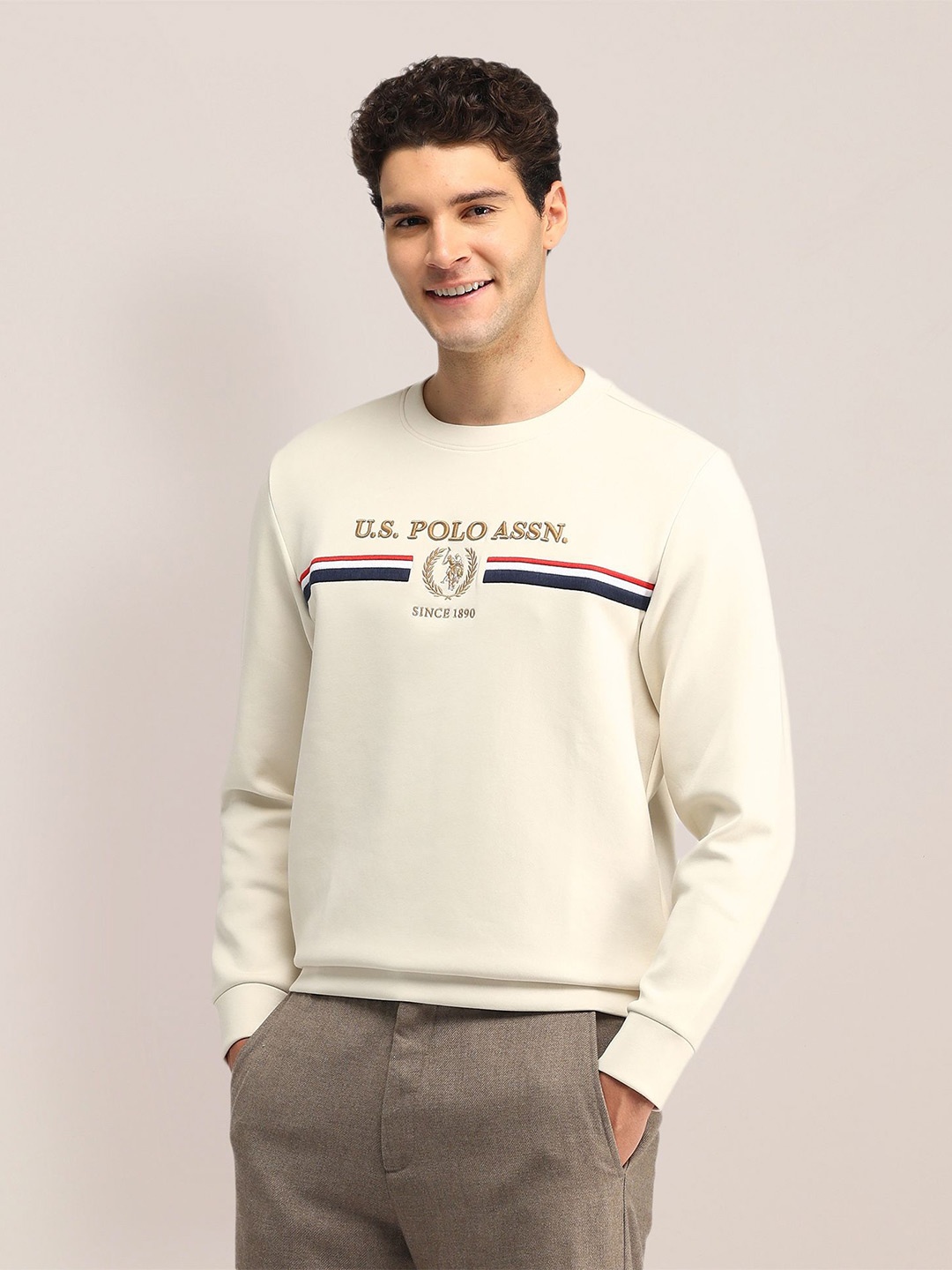 

U.S. Polo Assn. Men Printed Round Neck Long Sleeves Pullover Sweatshirt, White