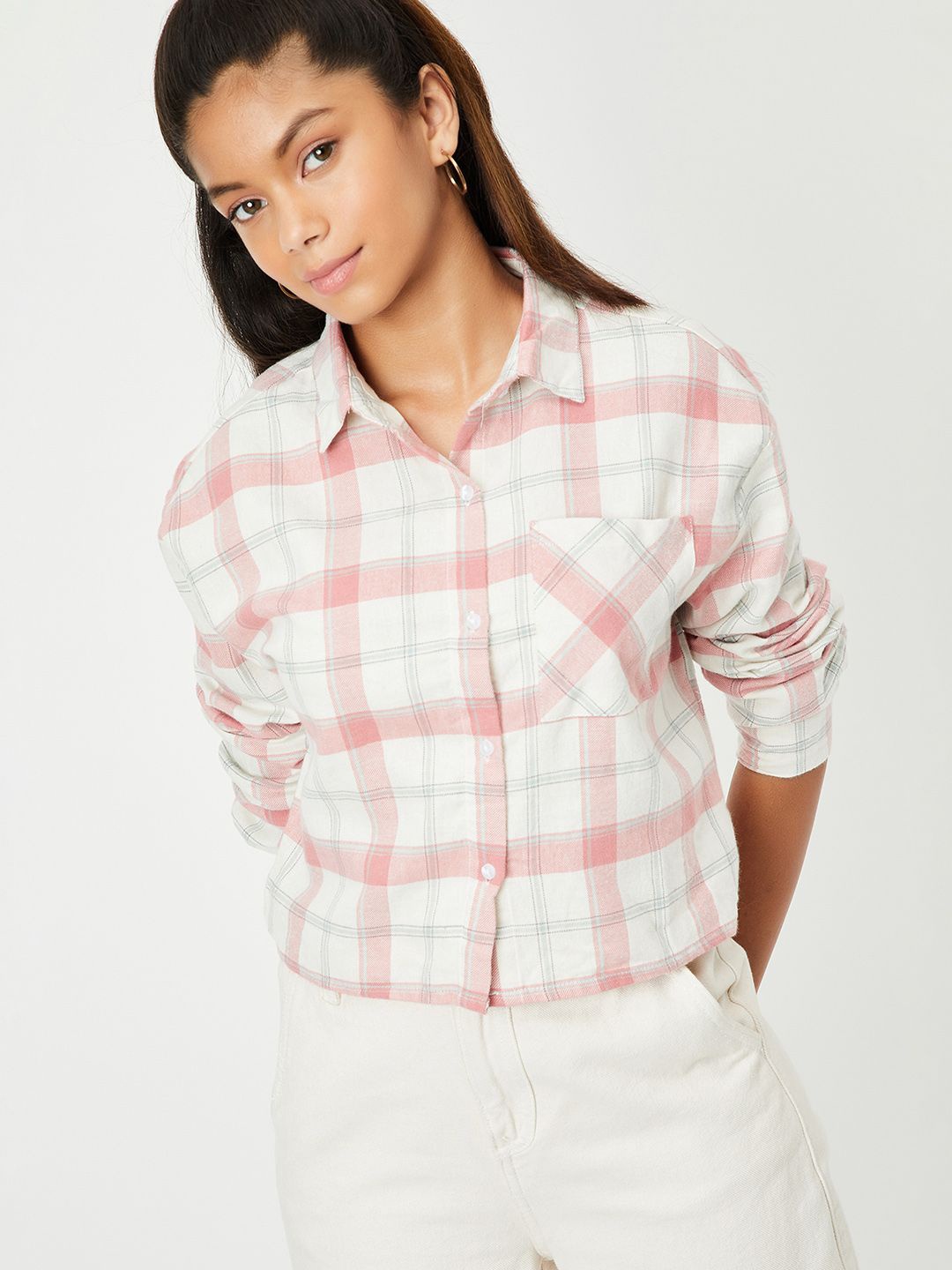 

max Girls Spread Collar Tartan Checked Cotton Casual Shirt, White