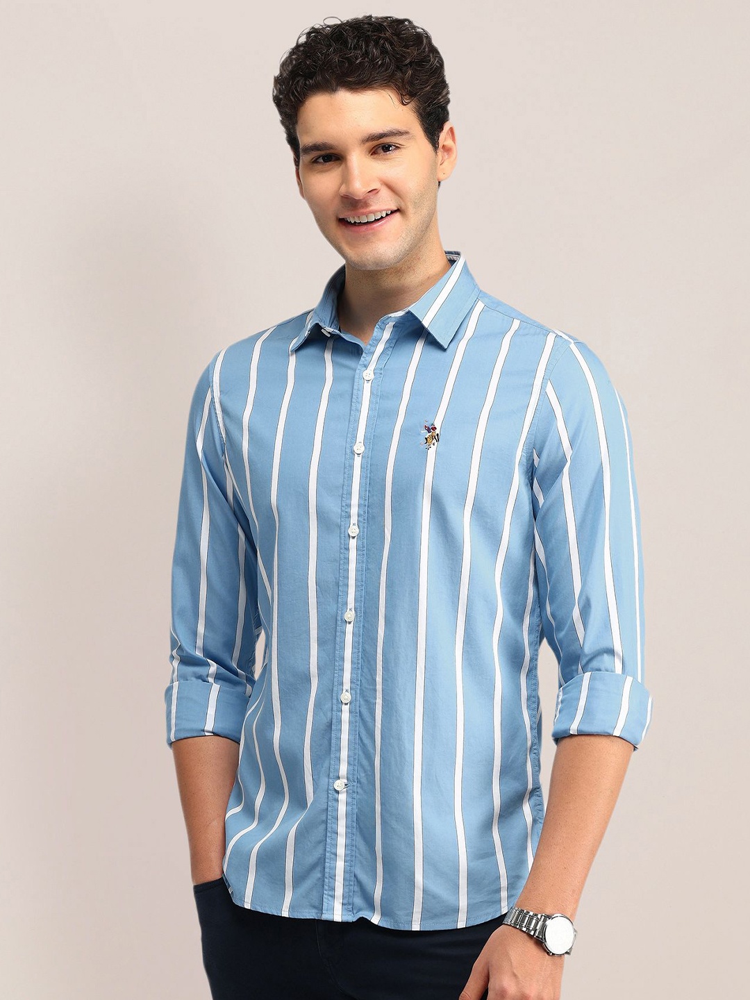

U.S. Polo Assn. Men Slim Fit Opaque Striped Casual Shirt, Blue