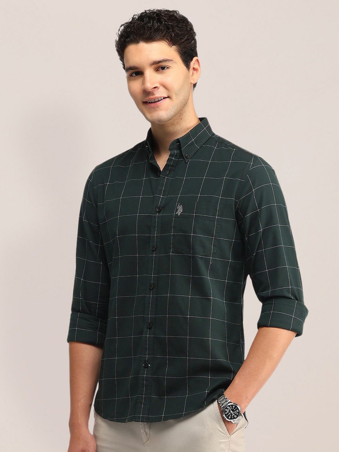 

U.S. Polo Assn. Men Slim Fit Opaque Checked Casual Shirt, Green