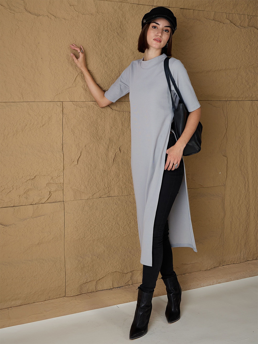 

SASSAFRAS Women Cotton Longline Long Sleeves Pullover, Grey