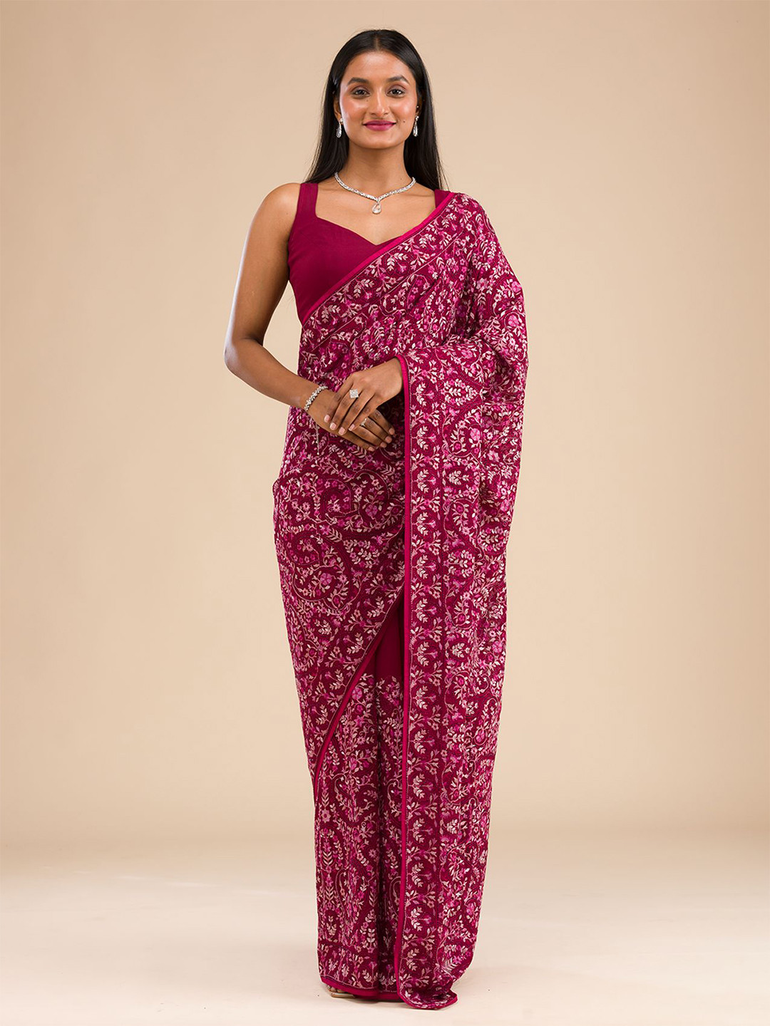 

Koskii Floral Embroidered Pure Georgette Saree, Purple