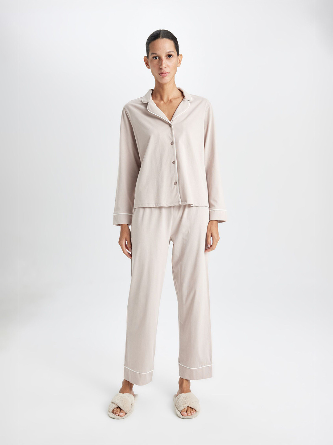 

DeFacto Women Pure Cotton Lapel Collar Shirt With Trousers Night Suit, Beige