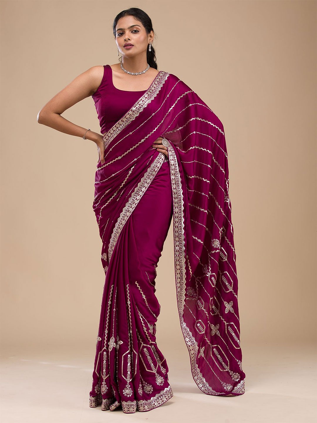 

Koskii Ethnic Motifs Embroidered Satin Saree, Purple