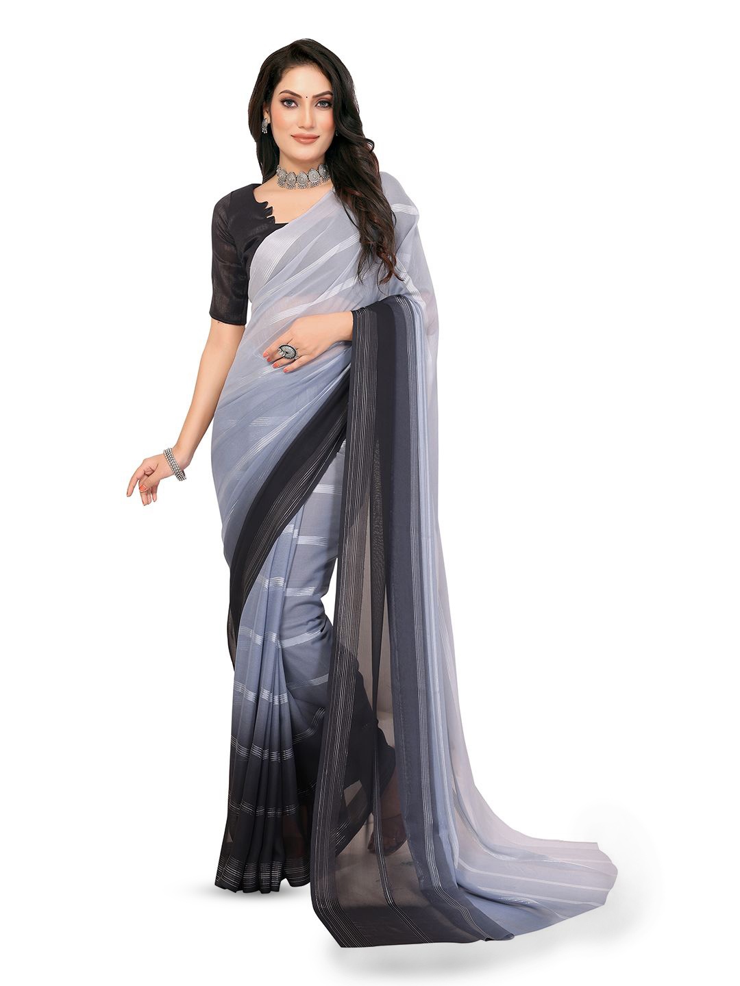 

Moda Rapido Striped Saree With Blouse Piece, Grey