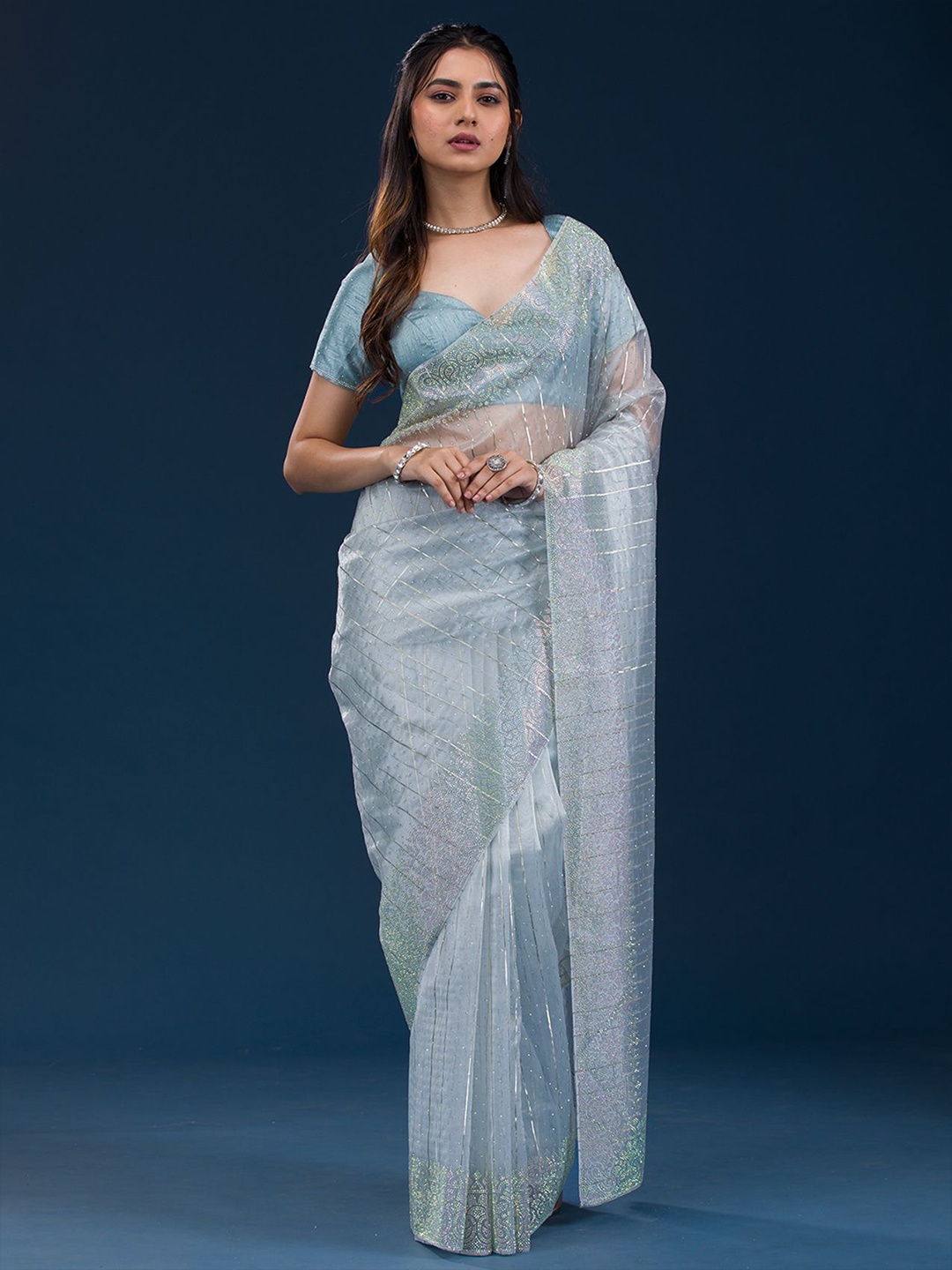 

Koskii Embellished Beads and Stones Tissue Saree, Blue