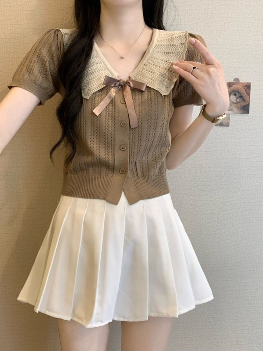 

KPOP Women Self Design Shirt Collar Top, Brown