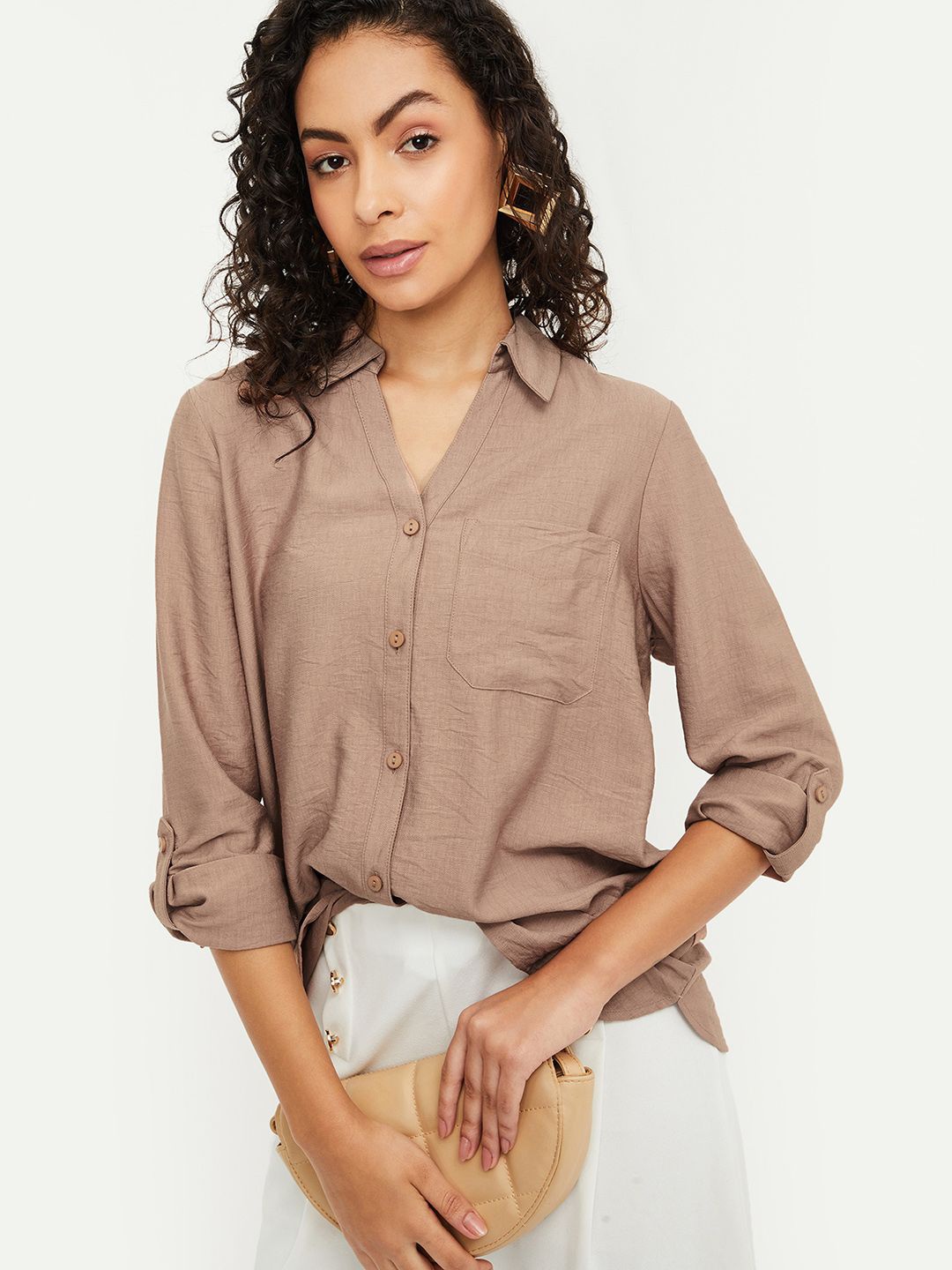 

max Women Spread Collar Solid Casual Shirt, Brown