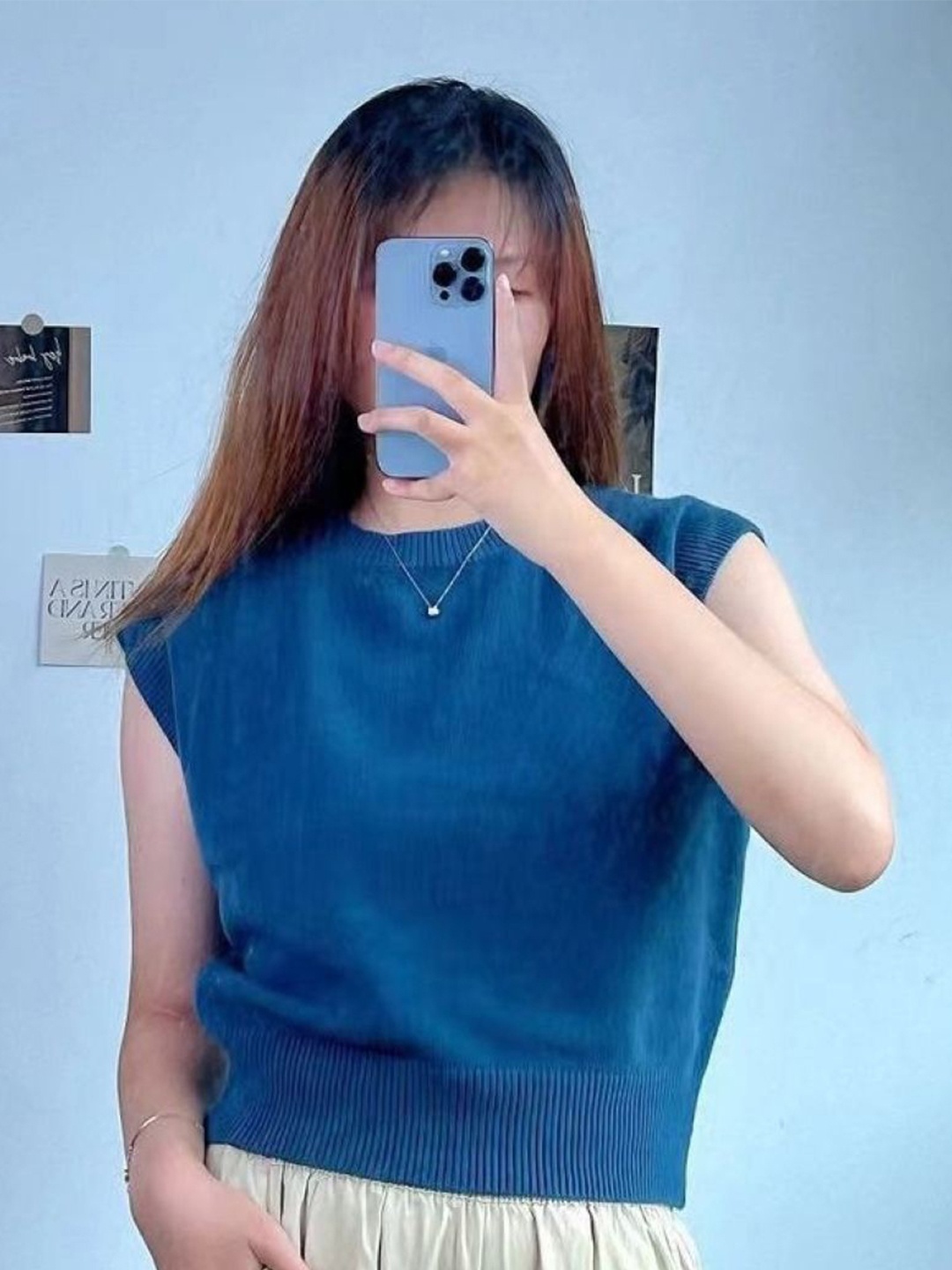 

KPOP Women Round Neck Sleeveless Top, Blue